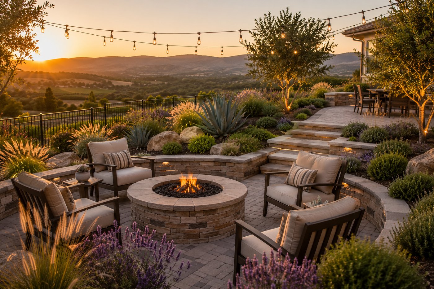 Wide view of a fully redesigned Murrieta backyard with a paver patio, new lawn, planting beds, and boulders