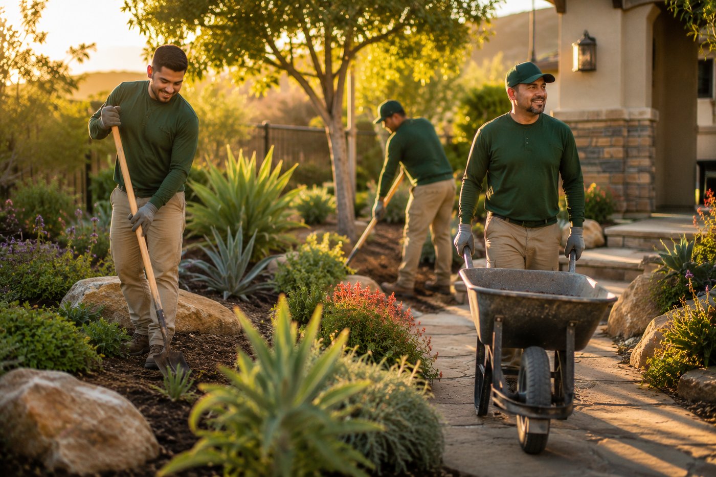 The Terra Verde Landscape Co. crew in green shirts planting a garden bed at golden hour in a Temecula backyard