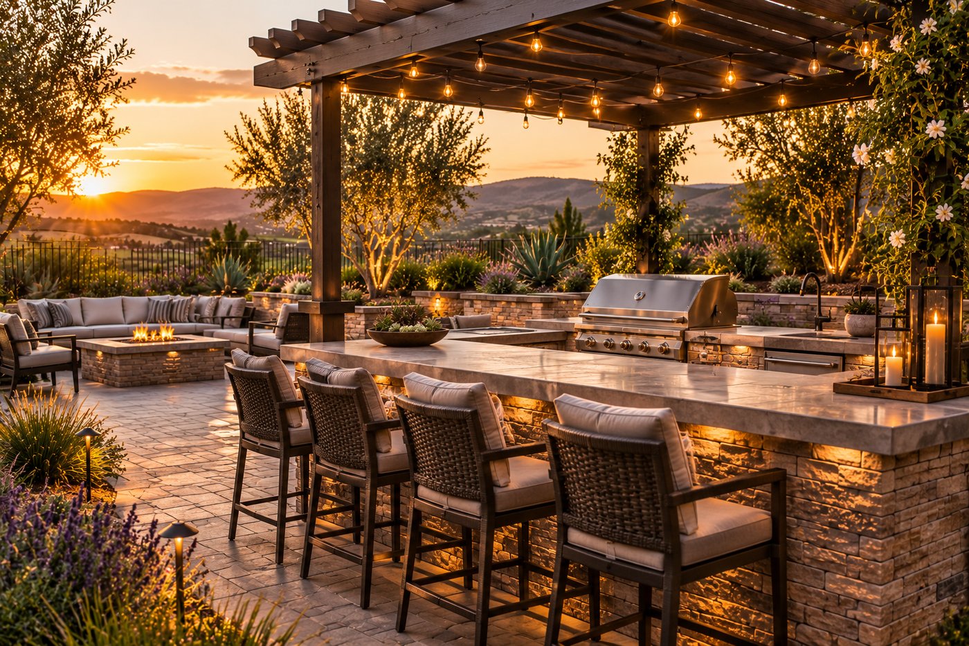 A Temecula backyard patio at dusk glowing with warm landscape lighting along the paths and plantings in Harveston