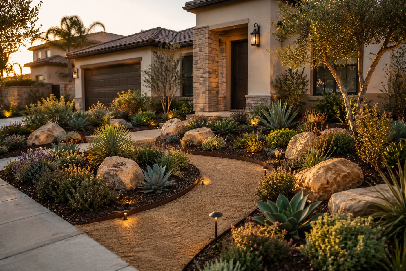A Temecula front yard at golden hour with a finished drought-tolerant landscape by Terra Verde