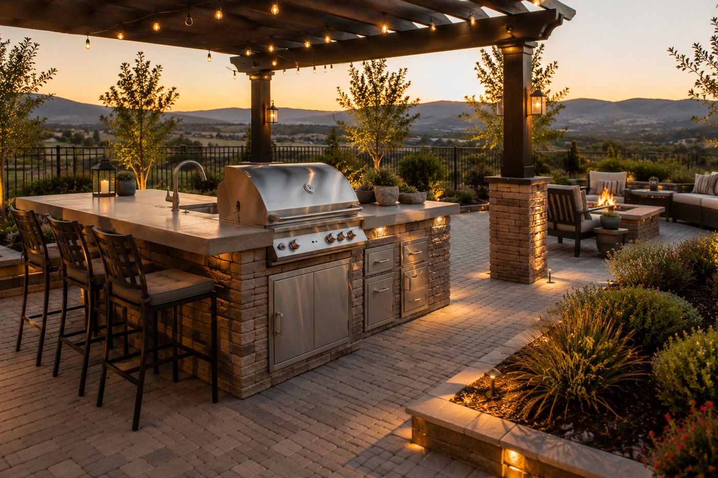 A built-in outdoor kitchen with a BBQ island and bar seating on a paver patio in Wolf Creek, Temecula