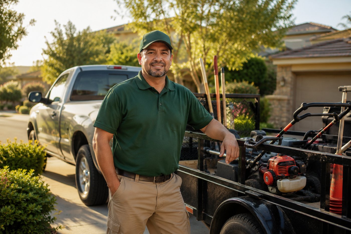 Terra Verde's owner standing beside the company work truck loaded with landscaping equipment in the Temecula Valley