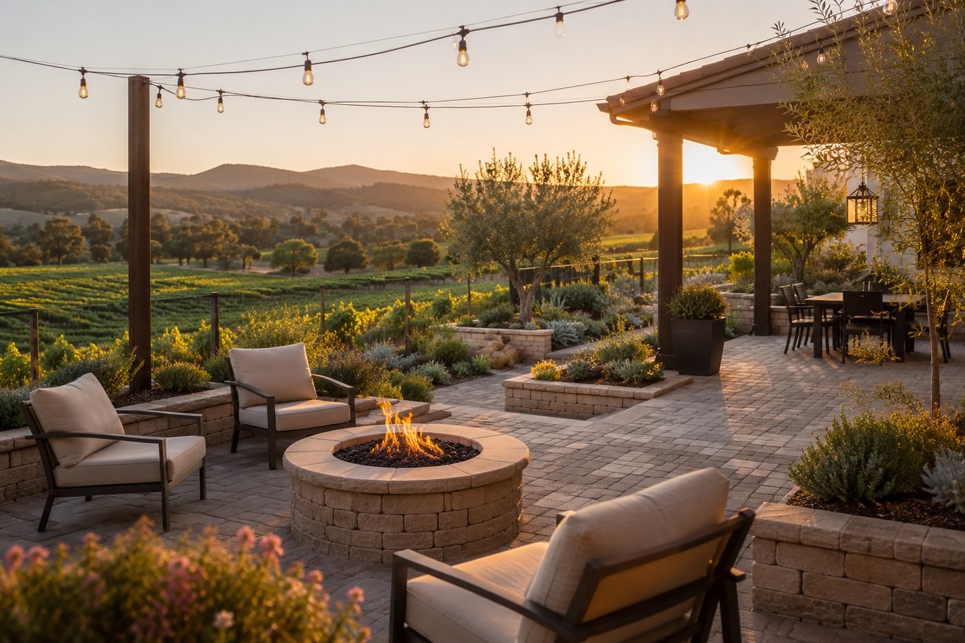 A finished paver patio with a stone firepit, layered plantings, and string lighting in a Redhawk, Temecula backyard